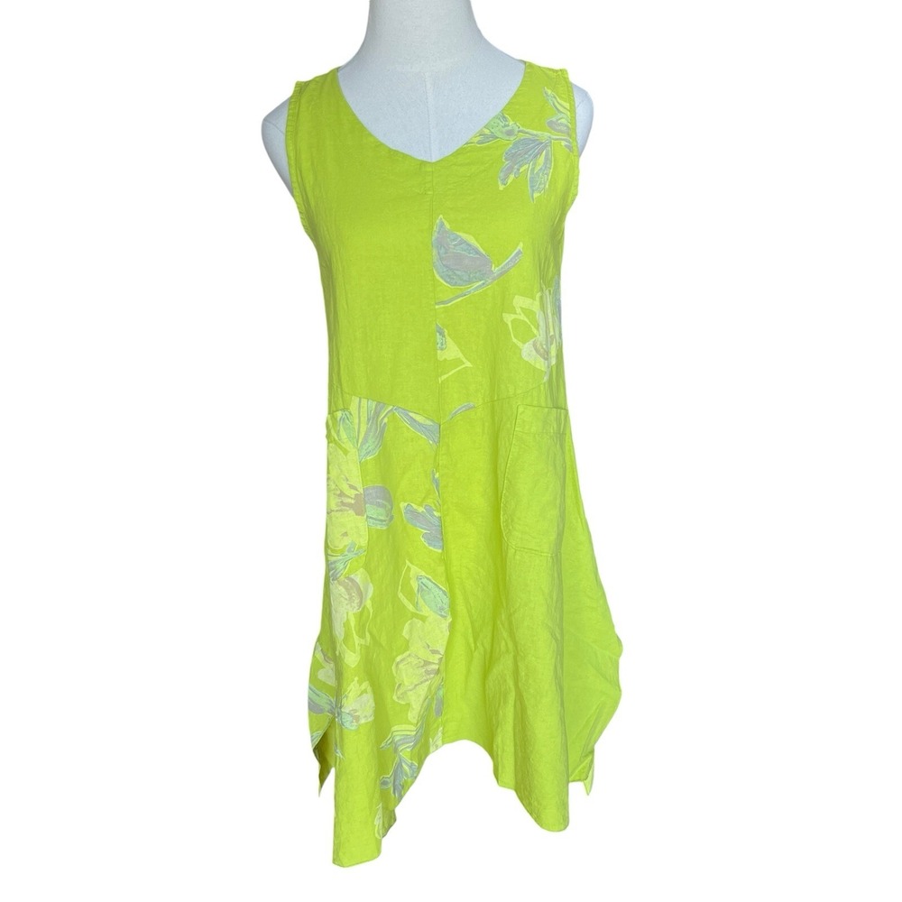Cristina Vergani Italian Linen Dress S Lime Green Lagenlook Asymmetric Midi Fine